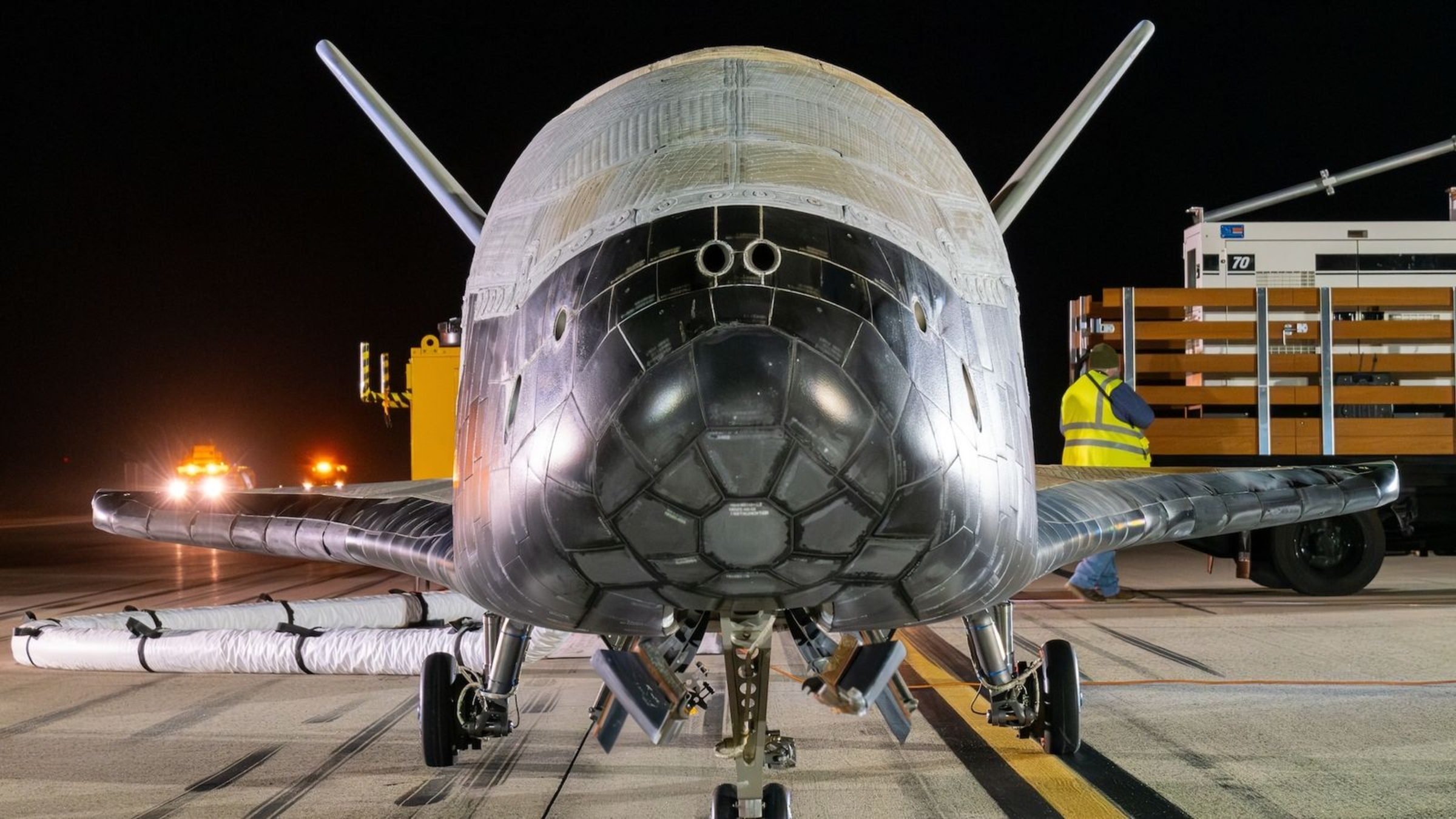 A photo of the X-37B space plane taken from just in front of the vehicles nose cone