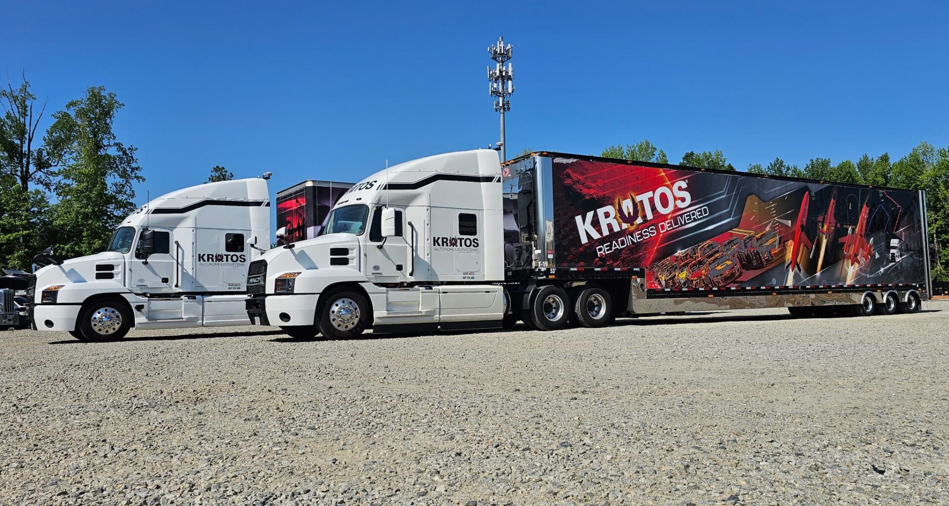 Line of white semi trucks parked in a row on a gravel lot beneath a clear blue sky, with a large Kratos trailer featuring red and black graphics behind them.