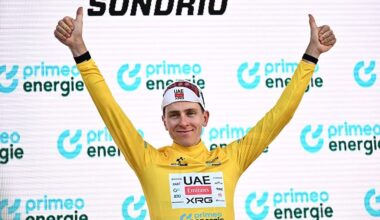 Slovenia's rider Tadej Pogacar of team UAE Emirates - XRG celebrates on the podium of the first stage of the Men's Tour of Switzerland (Tour de Suisse) cycling race, in Sondrio, Italy, on June 17, 2026. (Photo by Marco BERTORELLO / AFP)