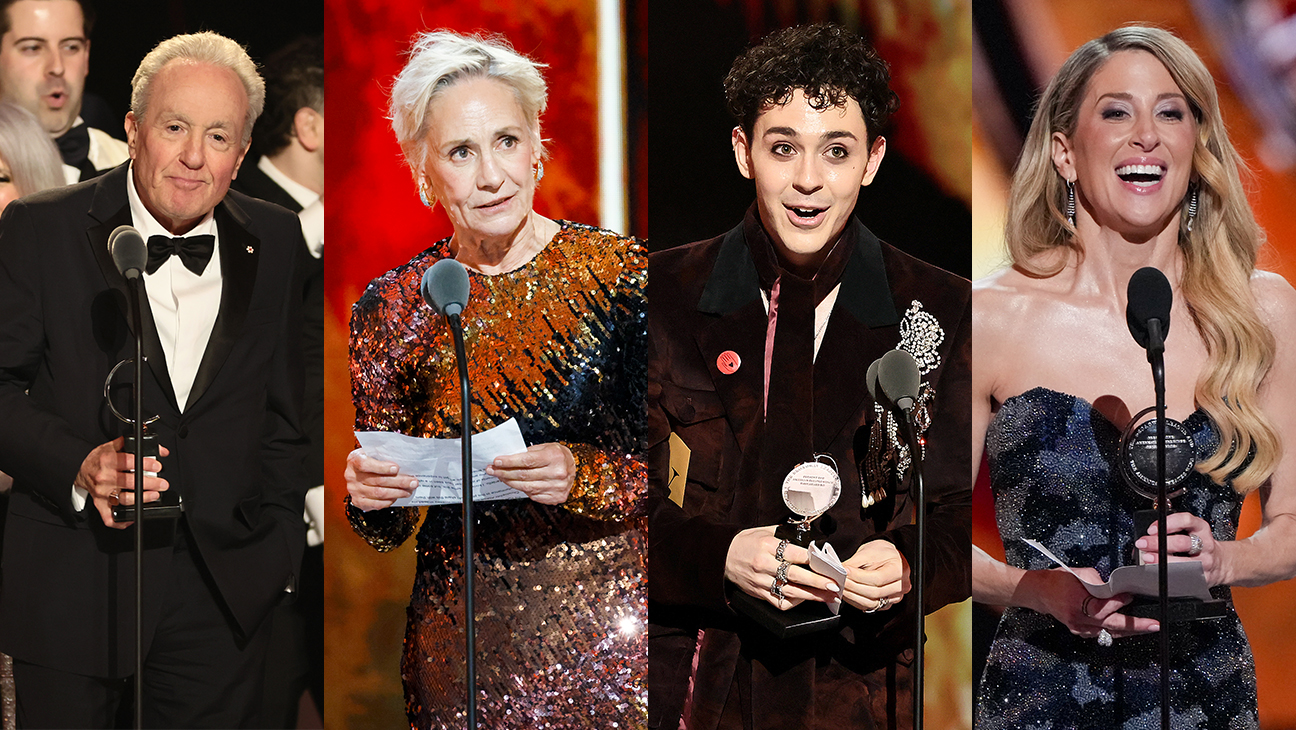 Lorne Michaels, Laurie Metcalf, Ali Louis Bourzgui and Caissie Levy accepting their Tony Awards.