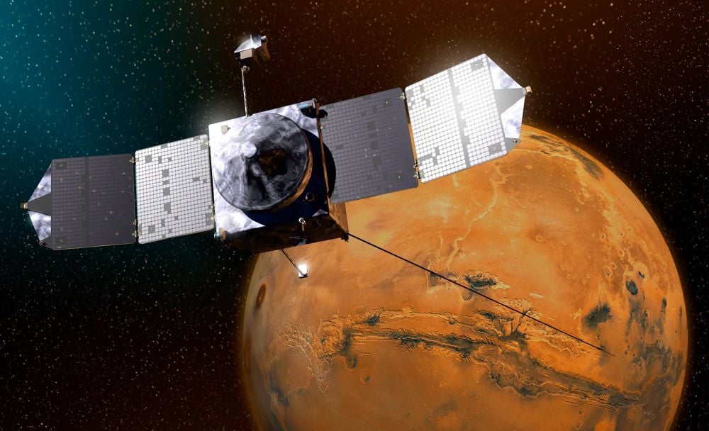 MAVEN reached Mars in September 2014 and began its scheduled one-year mission to study the planet's atmosphere. It lasted 11 years, and in 2023 it witnessed a coronal mass ejection strike Mars' atmosphere. Because of that serendipitious observation, scientists saw how the unmagnetized planet was still able to deflect some of the solar wind.  Image Credit: NASA/Goddard/University of Colorado/Laboratory for Atmospheric and Space Physics