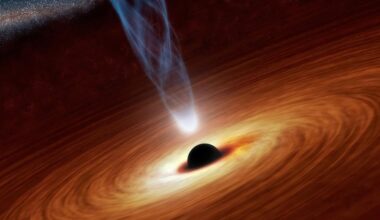 Astronomers at MIT and elsewhere have detected a quasar flickering from the very early universe. This artist’s concept illustrates a quasar accretion disk and a jet of superheated material streaming out to space. Credit: NASA/JPL-Caltech