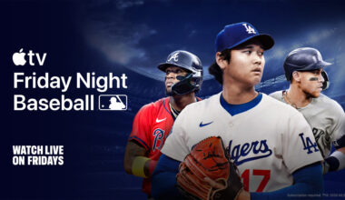 Apple TV Friday Night Baseball banner featuring three baseball players in Dodgers uniforms against a dark stadium background, with 'Watch Live on Fridays' text.