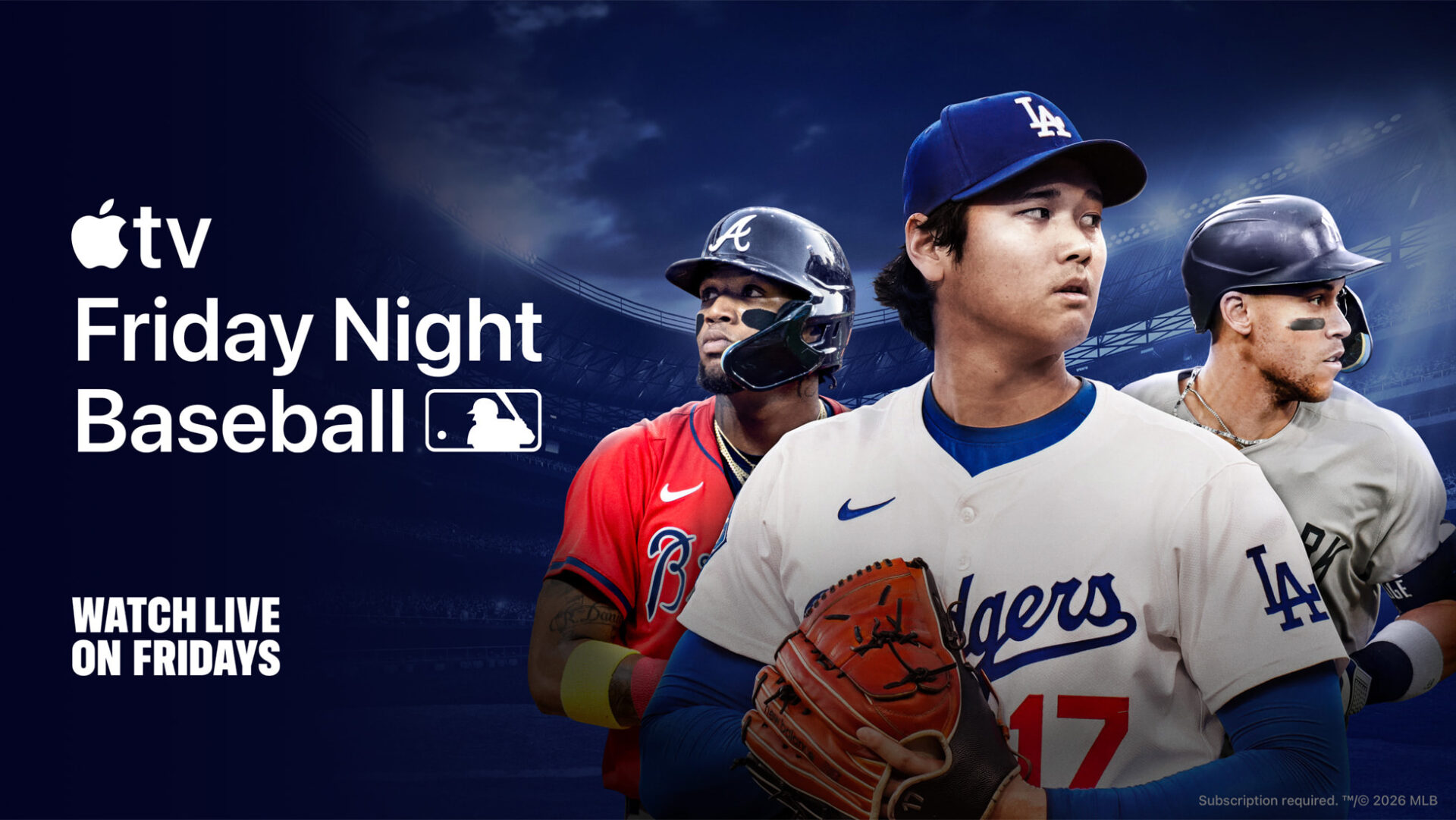 MLB | iPhone in Canada Apple TV Friday Night Baseball banner featuring three baseball players in Dodgers uniforms against a dark stadium background, with 'Watch Live on Fridays' text.
