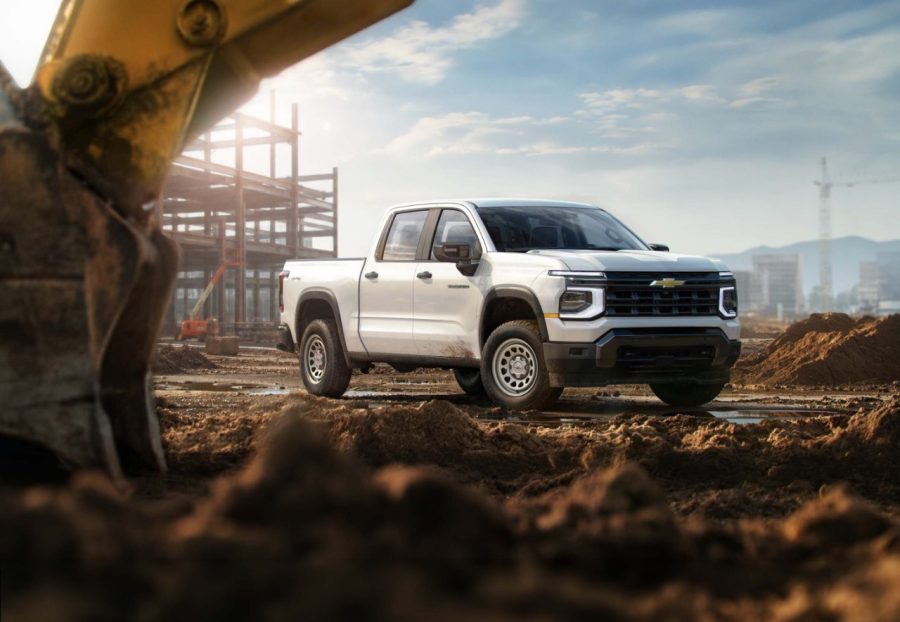 2027 Chevrolet Silverado 1500 Work Truck in Summit White. Exterior passenger front 3/4 beauty shot. 2027 Chevrolet Silverado 1500 Work Truck