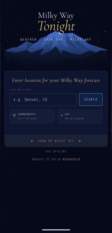 A dark-themed app screen titled "Milky Way Tonight" displays mountains under a starry sky. Users can enter a city or coordinates to search for a Milky Way forecast, with options for weather, dark sky, and GPS location.