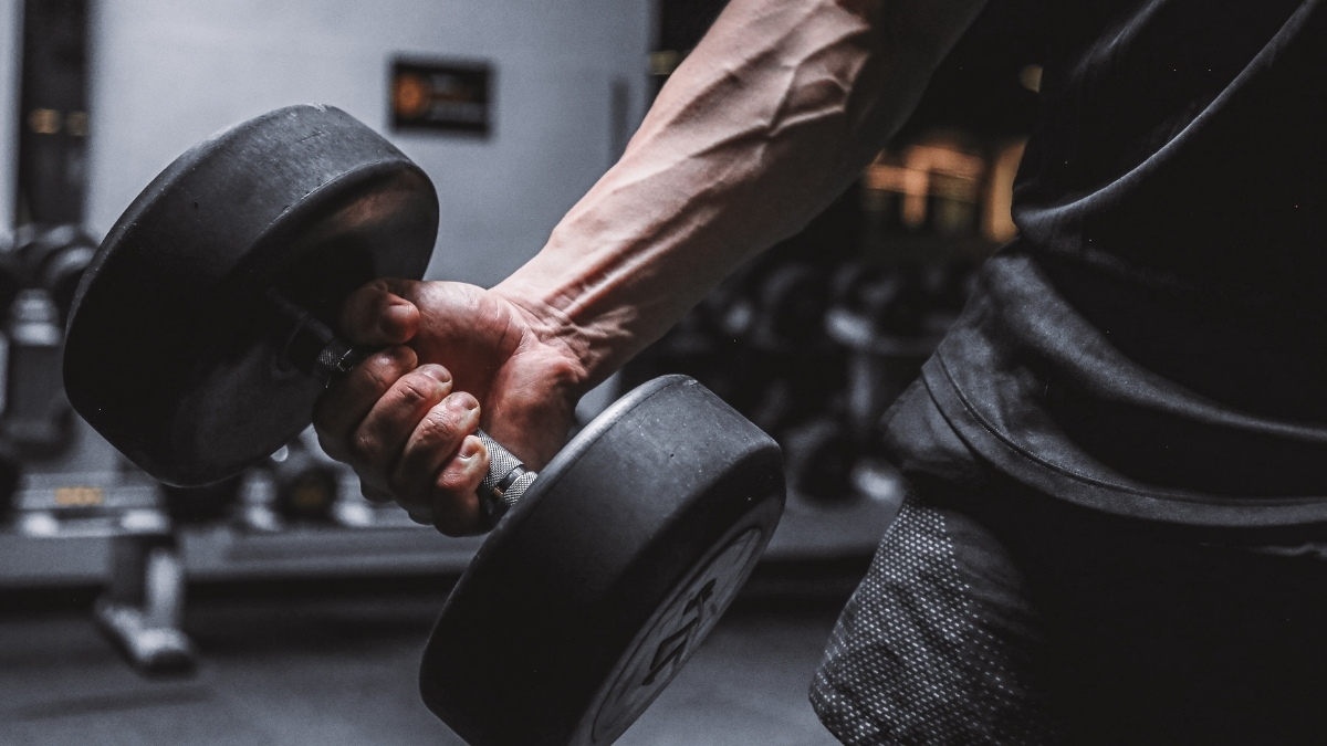 Close-up of a muscular arm holding a dumbbell, emphasizing strength and fitness.