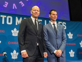 John Chayka (right) is the new Toronto Maple Leafs General Manager and Leaf legend Mats Sundin is the new Senior Executive Advisor as announced during a press conference held at Real Sports Bar & Grill in Toronto, Monday. May 4, 2026.