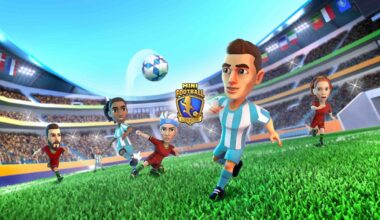 Cartoon soccer players chase a ball on a vibrant stadium field; central player in blue stripes leads the action.