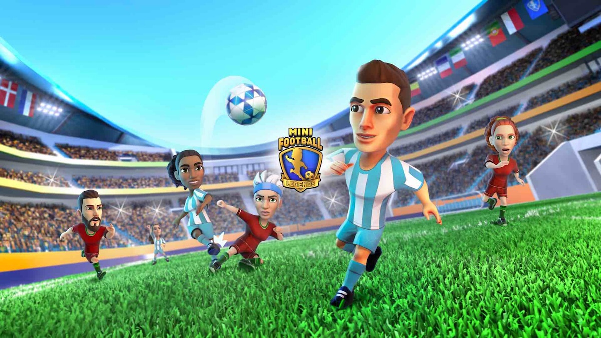 Cartoon soccer players chase a ball on a vibrant stadium field; central player in blue stripes leads the action.