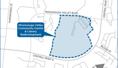 Location of the context area for the Mississauga Valley Community Centre and Library redevelopment project.