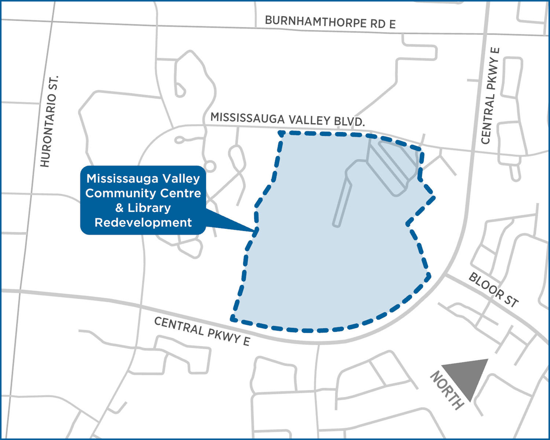 Location of the context area for the Mississauga Valley Community Centre and Library redevelopment project.