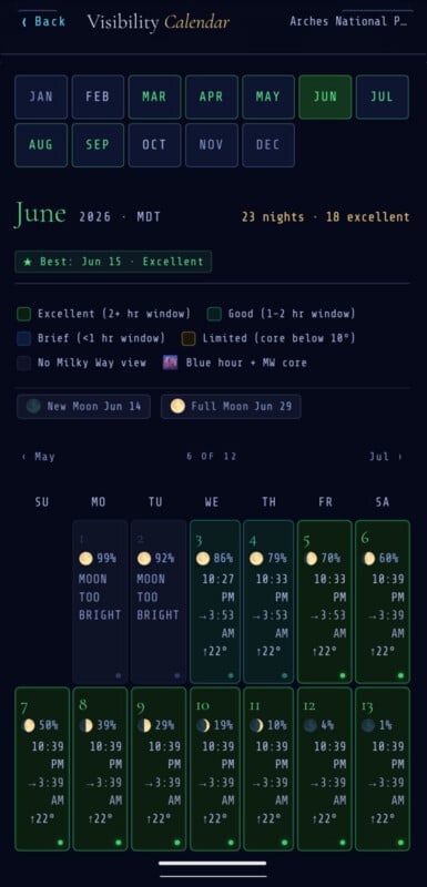 A dark-themed calendar for Arches National Park in June 2026 shows nights rated for stargazing, with icons for moon phases and times. June 15 is highlighted as excellent, and many nights are marked with visibility ratings.