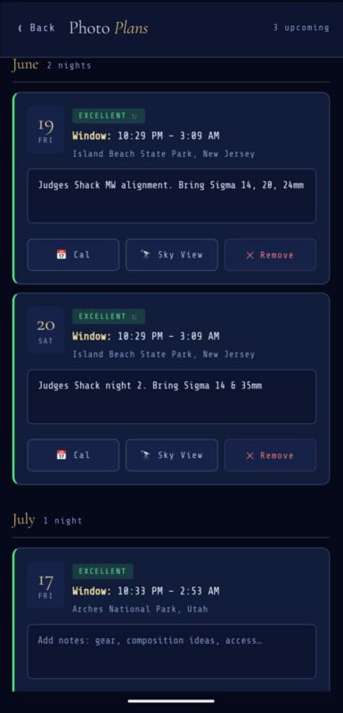 A screenshot of a photo planning app shows detailed plans for night photography sessions in June and July, including dates, locations, times, equipment, and notes for each outing.