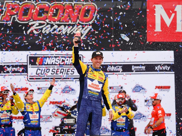 Denny Hamlin wins the NASCAR Cup race at Pocono for his third straight victory