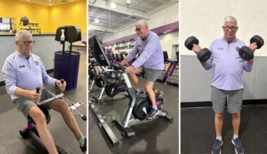 Three photos of a man using gym equipment side by side