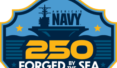 Navy logo with an aircraft carrier silhouette, stars, and the text 'America's Navy 250 Forged by the Sea' (anniversary emblem).