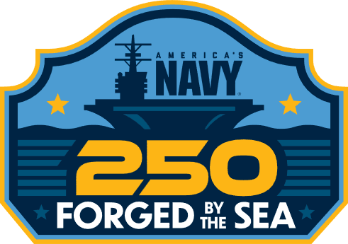 Navy logo with an aircraft carrier silhouette, stars, and the text 'America's Navy 250 Forged by the Sea' (anniversary emblem).