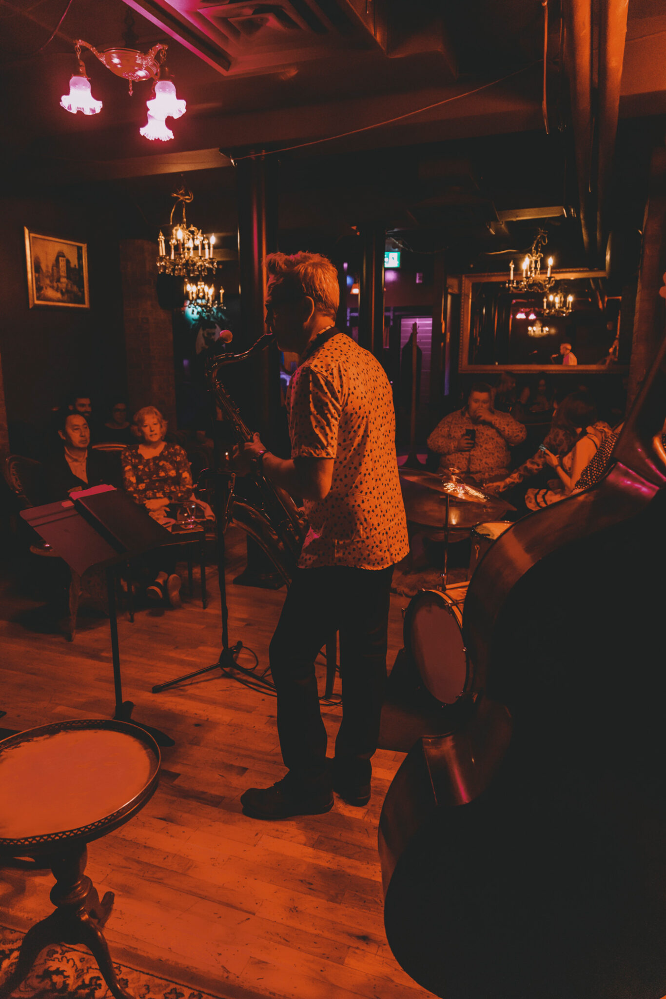 A musician plays the saxophone at Betty Lou’s Library