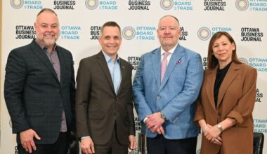 Michael Curran (Ottawa Business Journal), His Worship Mark Sutcliffe (Mayor of Ottawa), Jeffrey Maddox (Nokia Canada), Sueling Ching (Ottawa Board of Trade) at the Mayor&rsquo;s Breakfast, May 14, 2026. Photo by Mark Holleran for the Ottawa Board of Trade and Ottawa Business Journal.