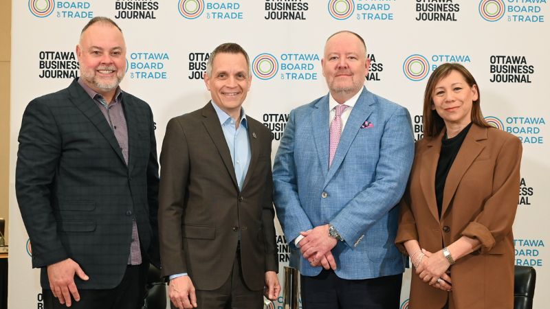 Michael Curran (Ottawa Business Journal), His Worship Mark Sutcliffe (Mayor of Ottawa), Jeffrey Maddox (Nokia Canada), Sueling Ching (Ottawa Board of Trade) at the Mayor&rsquo;s Breakfast, May 14, 2026. Photo by Mark Holleran for the Ottawa Board of Trade and Ottawa Business Journal.