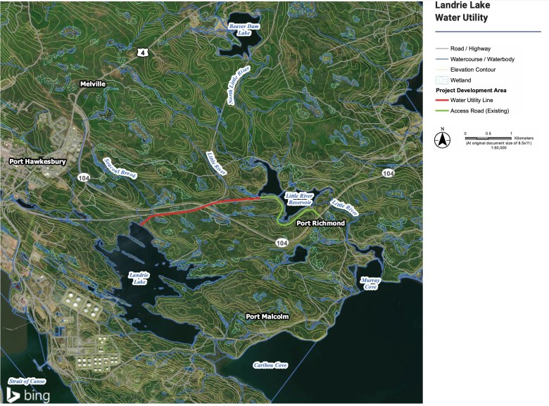 A green satellite image showing Landrie Lake and environs in green, with elevation lines visible. To the right of the image are the words "Landrie Lake Water Utility" with a legend showing in red the water utility line that will be developed from the Little River Reservoir to Landrie Lake.