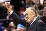 FILE - Minnesota Timberwolves head coach Rick Adelman celebrates a defensive rebound by Ricky Rubio in the second half of an NBA basketball game against Oklahoma City Thunder, March 29, 2013 ,in Minneapolis.