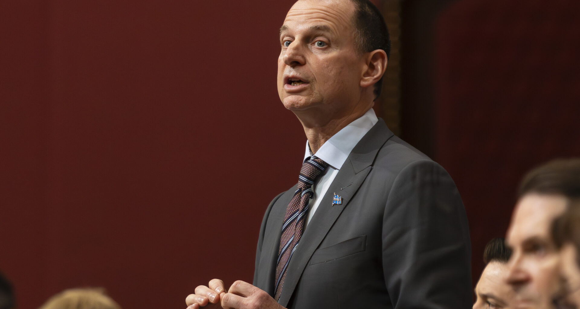 Quebec Finance Minister Eric Girard speaks in the National Assembly's red room