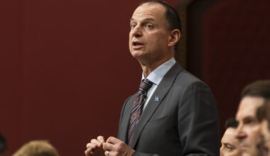 Quebec Finance Minister Eric Girard speaks in the National Assembly's red room