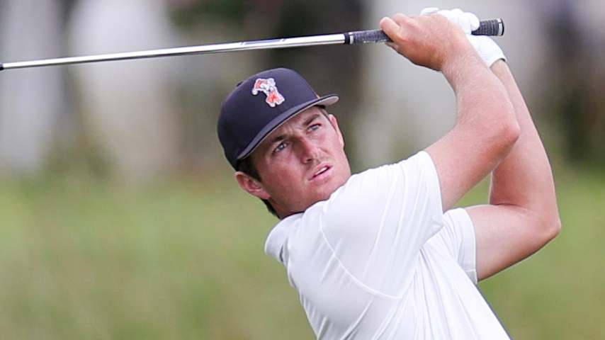 Oklahoma State junior Preston Stout holds a one-shot lead heading into the final round at the NCAA Championship. (Ryan Sirius Sun/Getty Images)