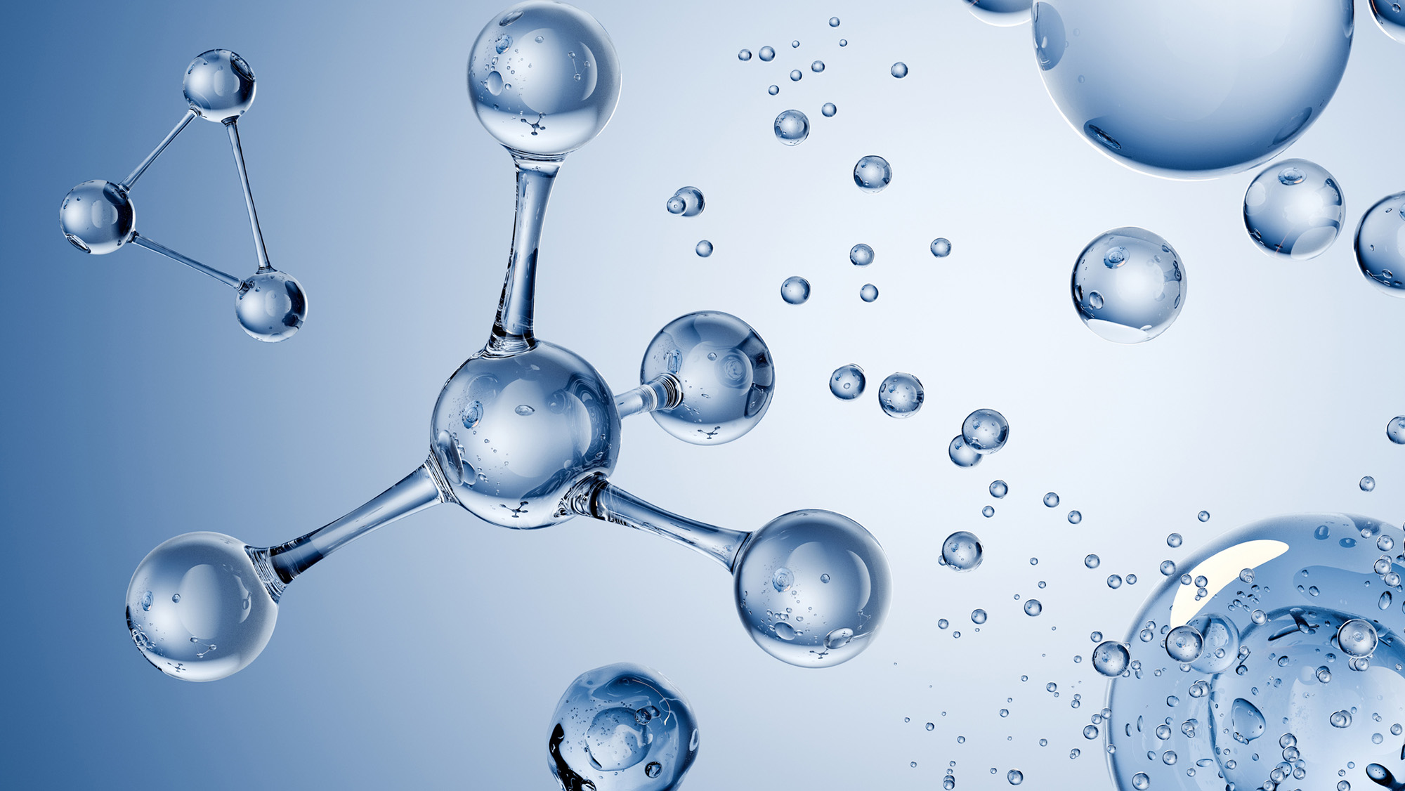 A series of ball-and-stick shaped transparent molecules against a blue background