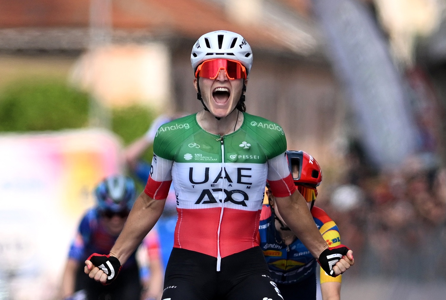 SALUZZO, ITALY - JUNE 07: Elisa Longo Borghini of Italy and UAE Team ADQ celebrates at finish line as stage winner during the 37th Giro d'Italia Women 2026 - Stage 9 a 145km stage from Saluzzo to Saluzzo / #UCIWWT / on June 07, 2026 in Saluzzo, Italy. (Photo by Luc Claessen/Getty Images)
