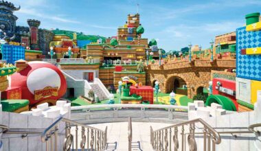 The image shows a section of Super Nintendo World at Universal Orlando Resort. A multilevel landscape is visible, full of Super Mario iconography, including a castle, pipes, platforms, coins, blocks, Thwomps, Goombas, and Piranha Plants, all in the traditional bright colors of Super Mario games. In the lower left of the image, the Toadstool Café has a round, red-and-white roof. On the right side of the image, a large stone bridge is lined with lamp posts and features a Yoshi-themed ride. Throughout the landscape, there are a number of doors and walkways that lead to other sections of the experience.