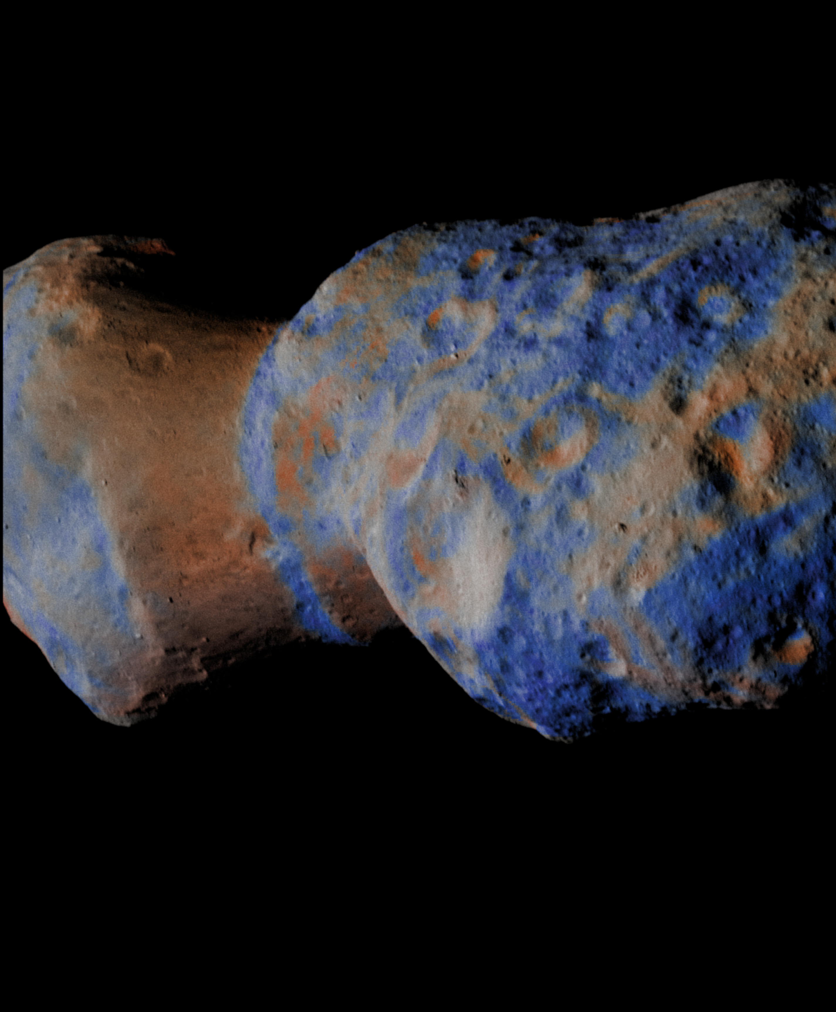 A view of an asteroid with a false color of blue and of orange.