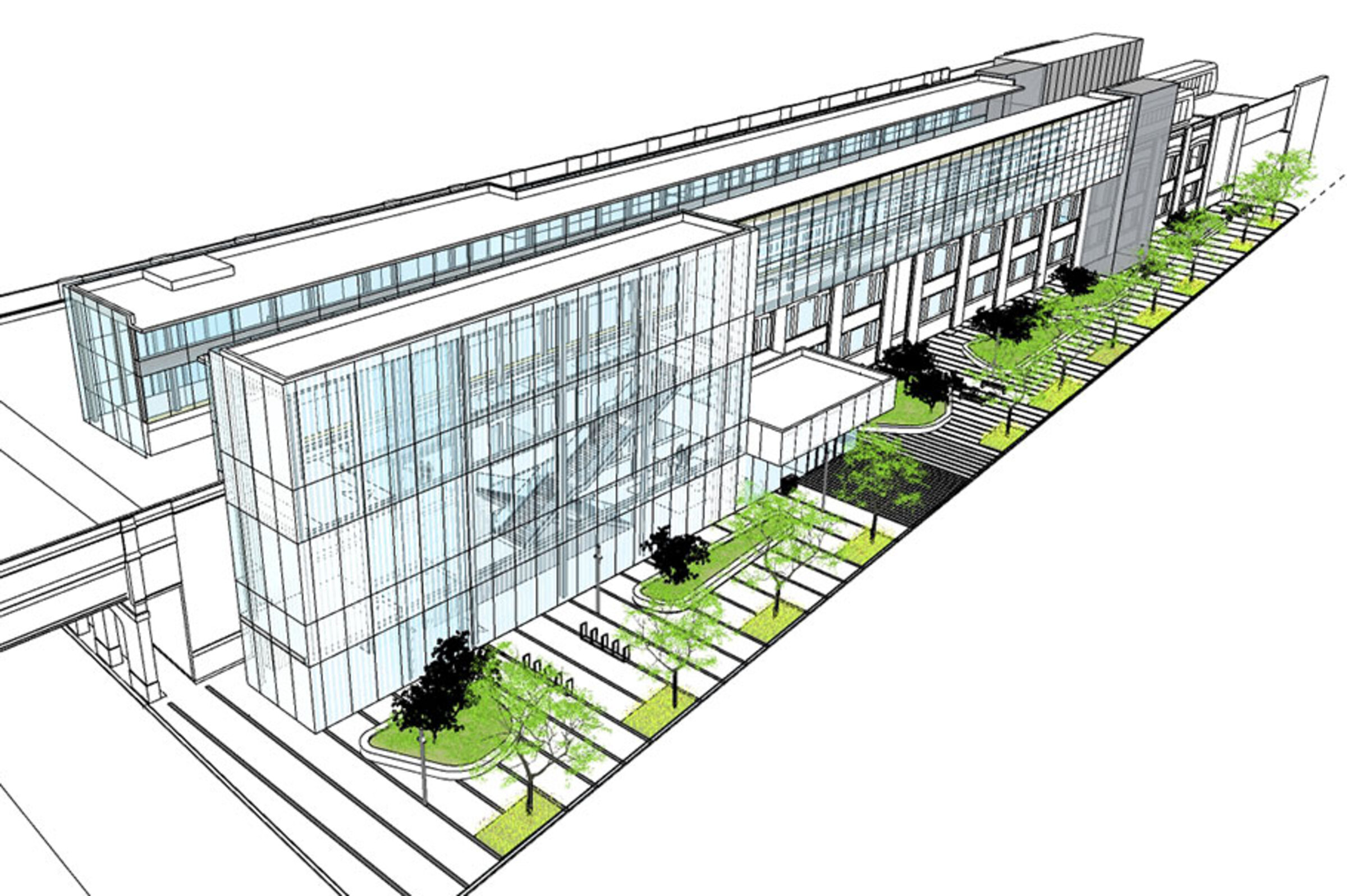 A sketch of a glass building around an elevated railway.