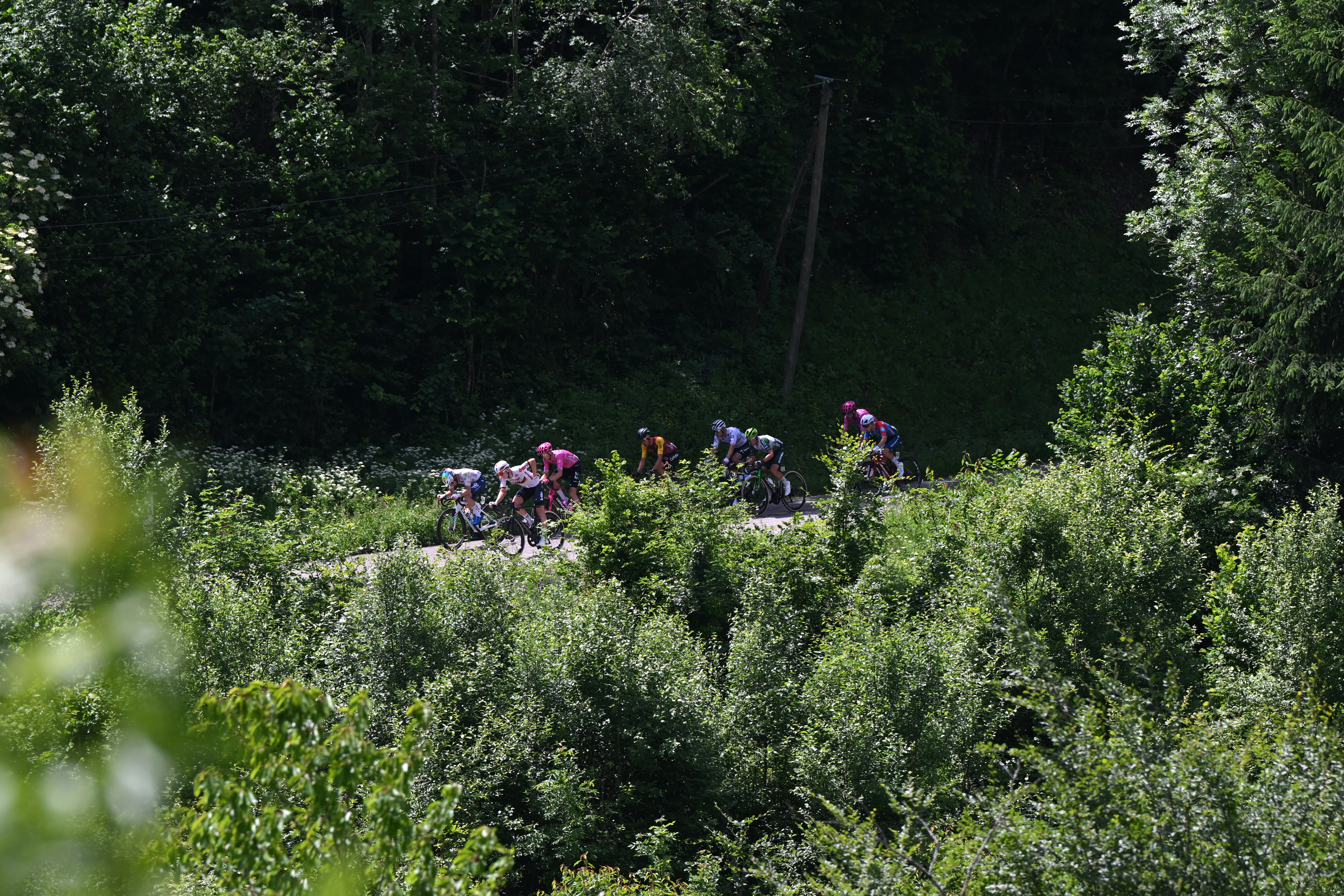 SAINT-ISMIER, FRANCE - JUNE 07: (L-R) Matteo Vercher of France and Team TotalEnergies, Georg Zimmermann of Germany and Team Lotto Intermarche and a general view of the attack competing during the 78th Tour Auvergne-Rhone-Alpes 2026, Stage 1 a 146.2km stage from Vizille to Saint-Ismier / #UCIWT / on June 07, 2026 in Saint-Ismier, France. (Photo by Dario Belingheri/Getty Images)