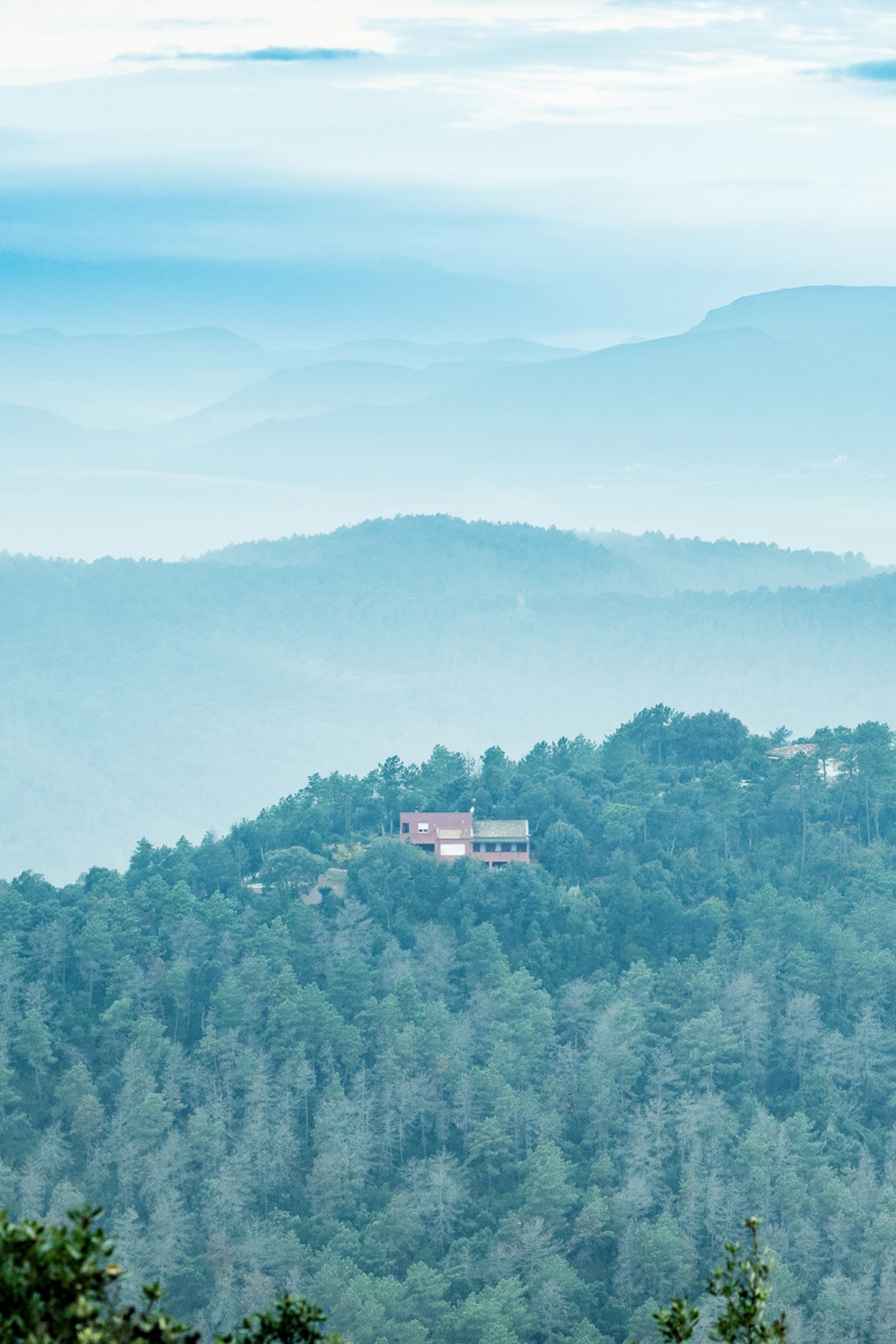 Small house on wooded hill.