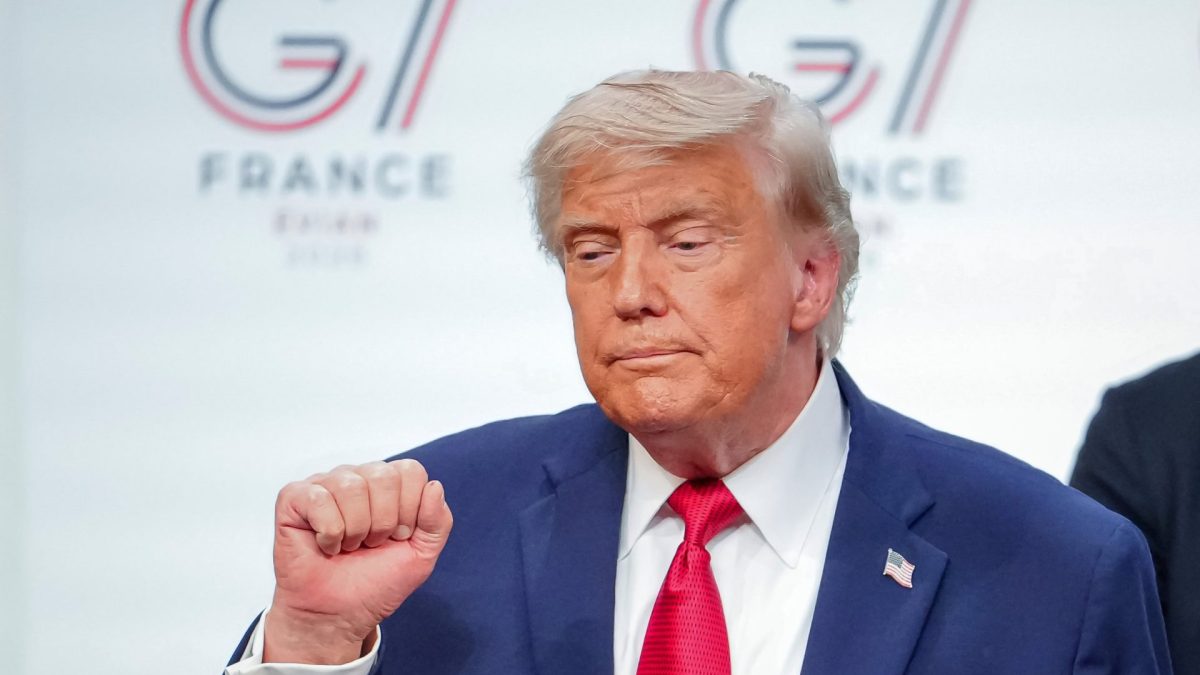 U.S. President Donald Trump gestures as he leaves the stage after a media conference at the end of the G7 summit in Evian-les-Bains, France, Wednesday, June 17, 2026. (AP Photo/Vadim Ghirda)