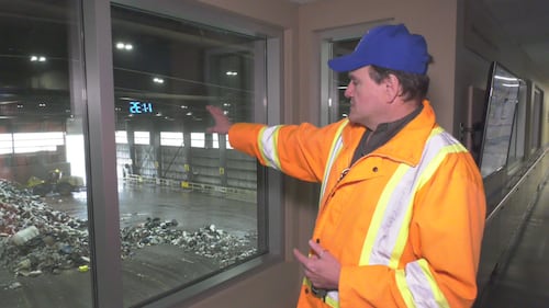 Waste educator Neil Burkard explains how Edmonton trash is processed at the Edmonton Waste Management Centre on June 2, 2026. (Evan Klippenstein / CTV News Edmonton)
