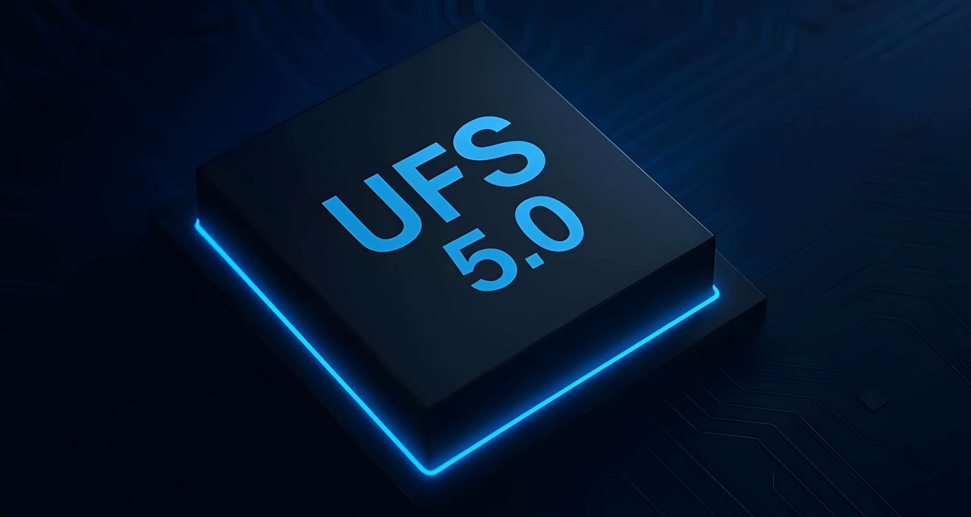 A close-up of a chip labeled 'UFS 5.0' with a glowing blue edge.