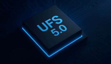 A close-up of a chip labeled 'UFS 5.0' with a glowing blue edge.