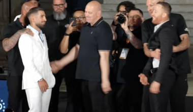 Ilia Topuria shoves Justin Gaethje during faceoff as tensions boil over at UFC White House presser