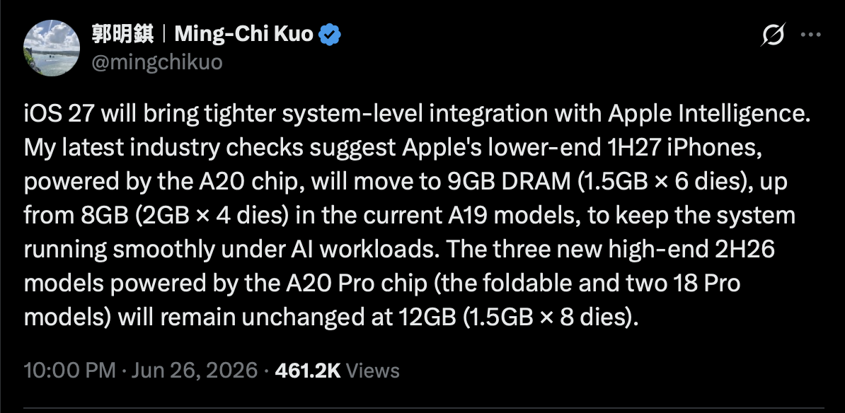 Ming Chi Kuo on 9GB RAM on iPhone 18 Ming Chi Kuo on 9GB RAM on iPhone 18