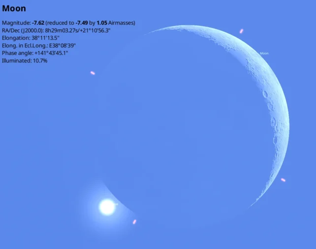 Sky simulation showing a thin crescent Moon near bright Venus in a blue daytime sky, with on-screen Moon data including magnitude, elongation and illumination.