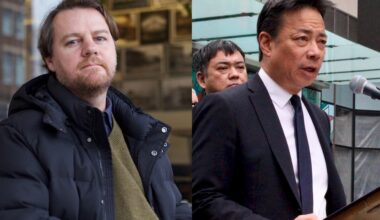 On the left, a middle-aged man with a brown moustache and beard sits at a table outside a coffee shop. On the right, a middle-aged man with short black hair and wearing a suit speaks at a podium.