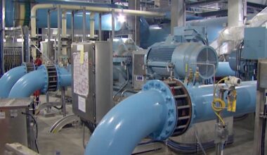 Large blue pipes in a large concrete room.
