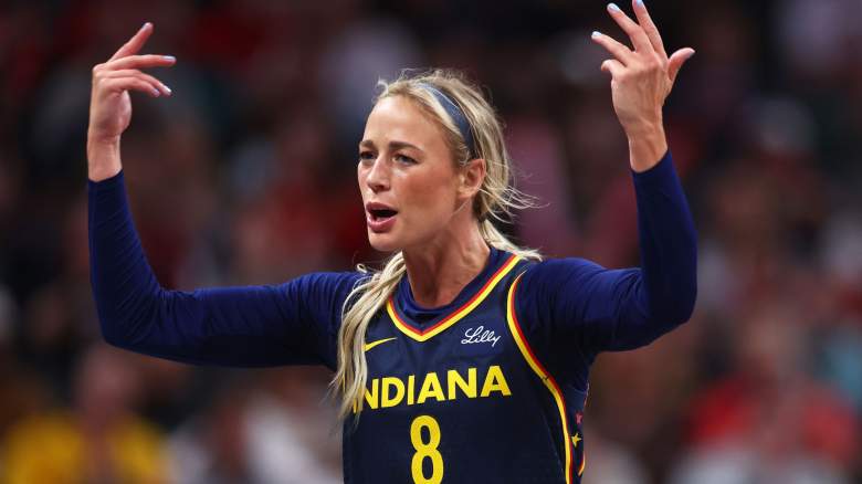 Sophie Cunningham #8 of the Indiana Fever gets fired up during the first half against the Washington Mystics at Gainbridge Fieldhouse on May 3, 2025 in Indianapolis, Indiana