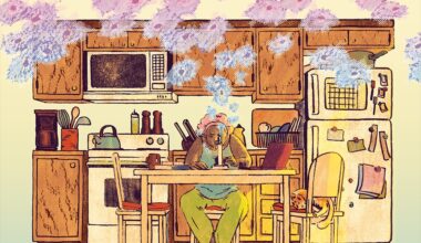 An illustration shows a Black woman sitting at her kitchen table, peering through a microscope. She is surrounded by an imagined cloud of cells, a representation from a wet mount slide.