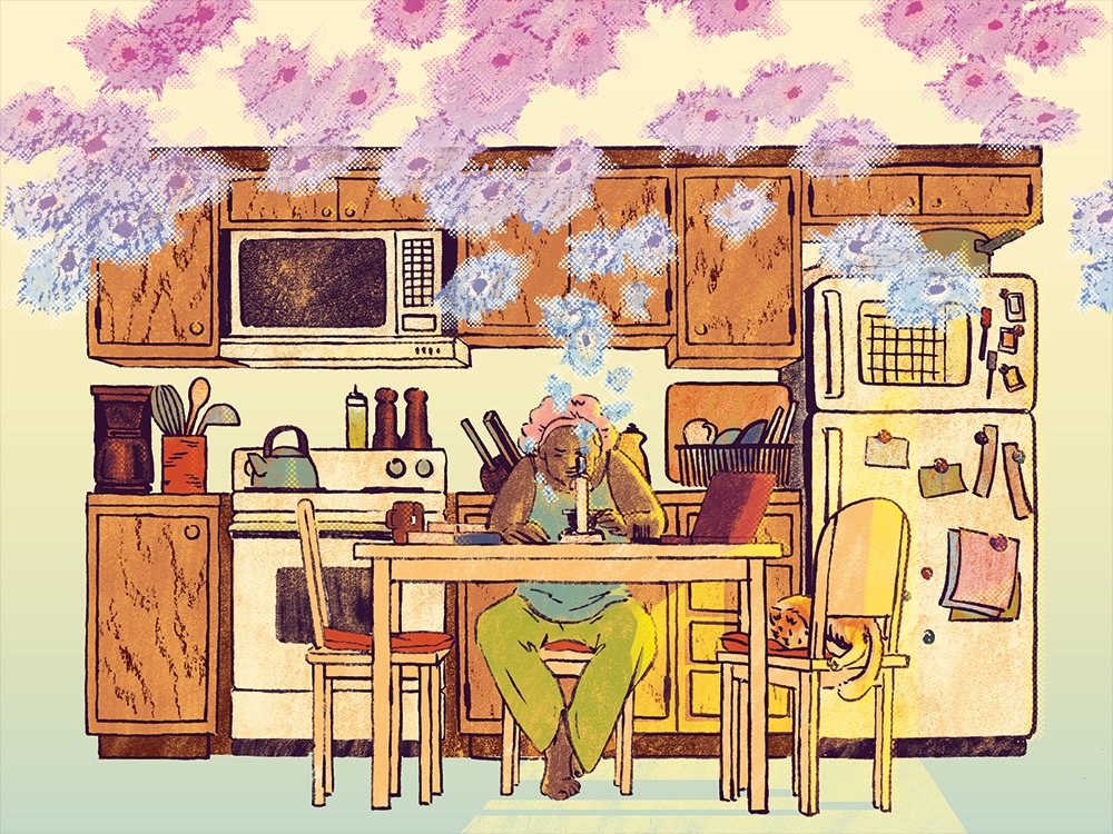 An illustration shows a Black woman sitting at her kitchen table, peering through a microscope. She is surrounded by an imagined cloud of cells, a representation from a wet mount slide.