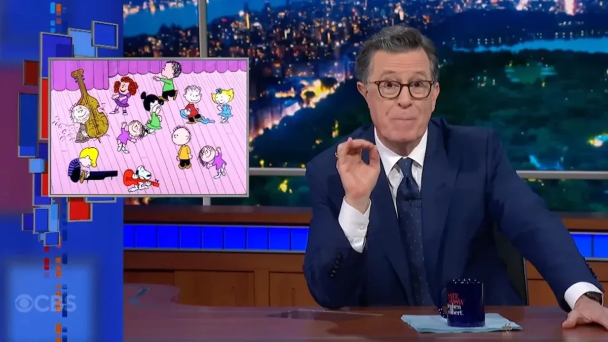 Stephen Colbert discussing the Peanuts (and using music without license) in The Late Show finale.